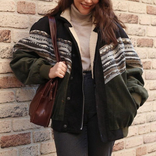 Women Retro Corduroy Patchwork Fleece Jacket Coat