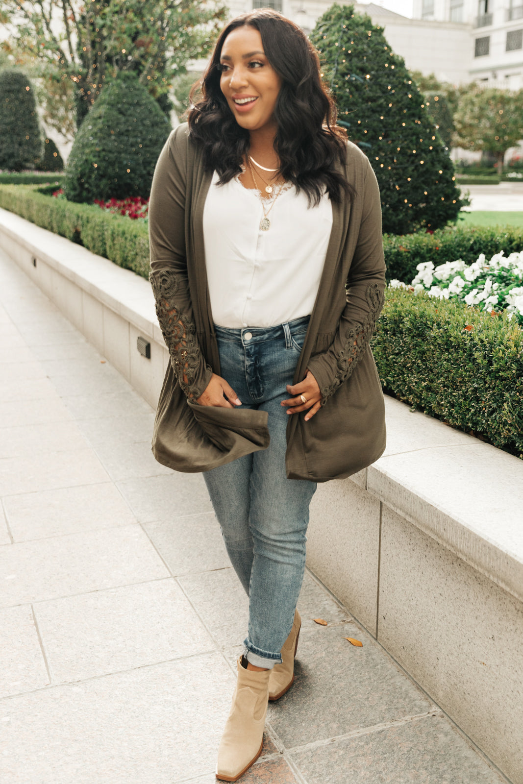 Little Bit Of Lace Cardigan In Olive