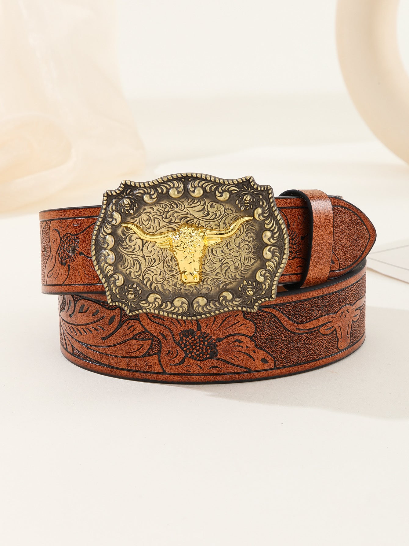 Men's Retro Western Bullhead Metal Buckle Wear-Resistant Genuine Leather Jeans Belt