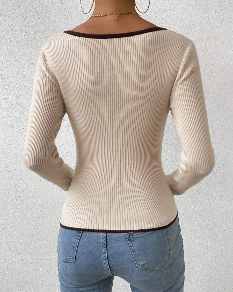 V-Neck Contrast Color Knitted Sweater Ribbed Top