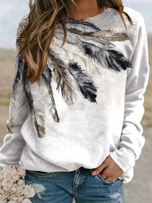 Feather Print Casual Long Sleeve Sweatshirt