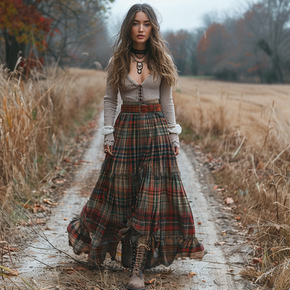 Women's Retro Plaid V-neck Long-sleeved Long Skirt Pastoral Style Dress