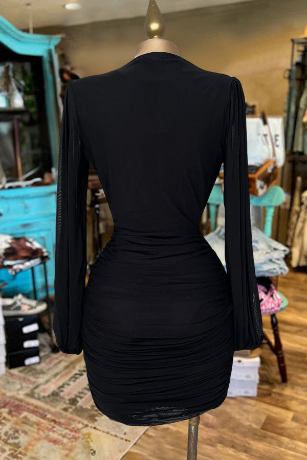 Beautiful Deep V Neck Pleated Long Sleeve Dress