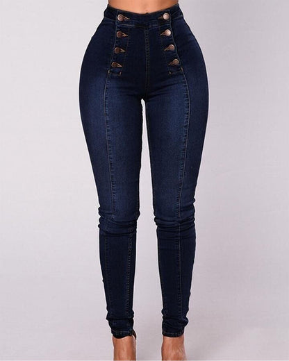 High-Waisted Casual Two-Row Stretch Jeans With Multiple Buttons