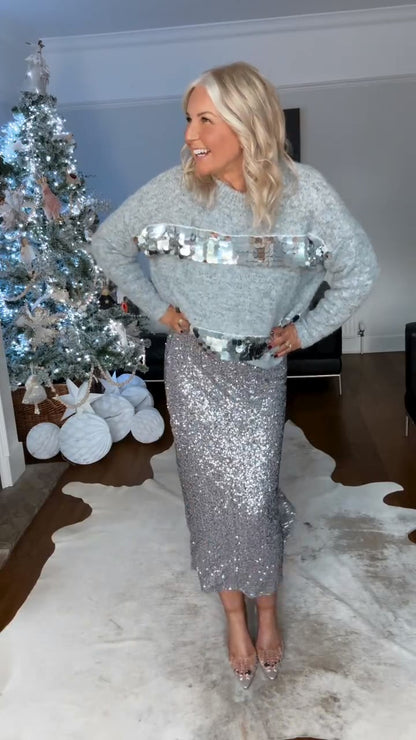 Silver Luxury Sequin Pencil Skirt Set