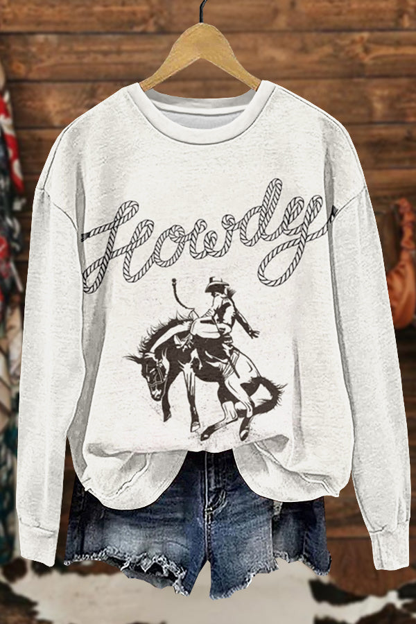 Retro Howdy Western Cowboy Horse Racing Rodeo Print Sweatshirt