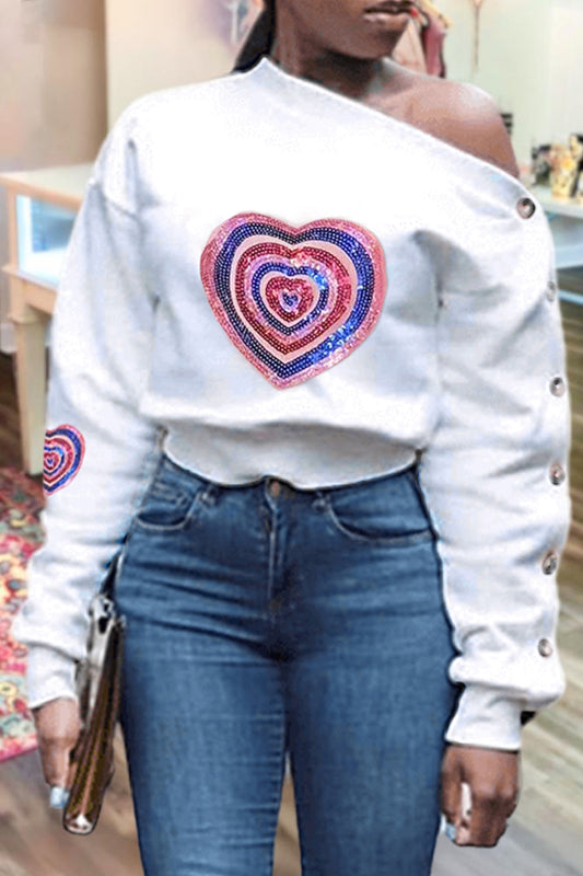 Elegant Button Contrast Heart Valentine's Day Sweatshirt