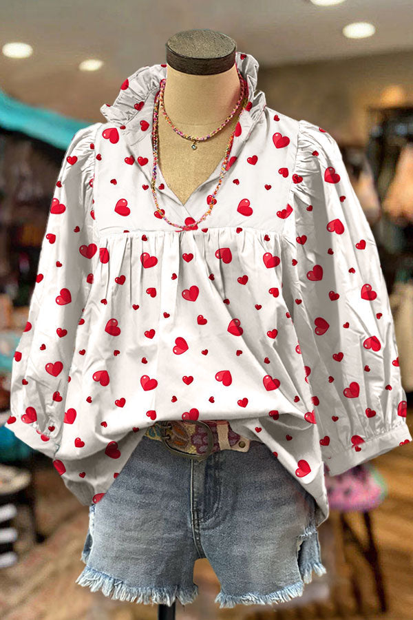 Classic Heart Print V-neck Puff Sleeve Blouse