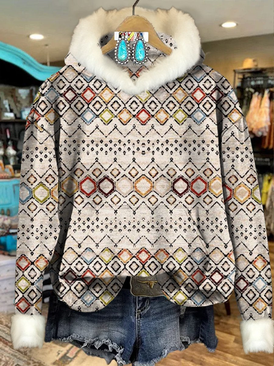 Light Grey Vintage Aztec Print Imitation Rabbit Fur Trim Casual Hoodie Sweatshirt