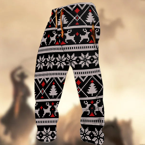 Men's Retro Country Western Christmas Elk Sweater Texture Pint Casual Sweatpants