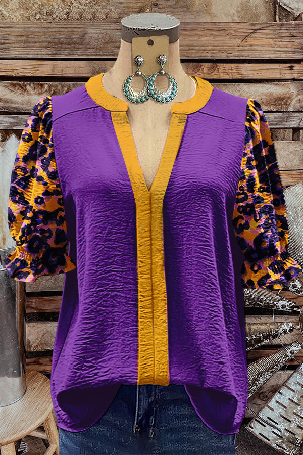 Chic Purple Orange Print Puff Sleeve Blouse