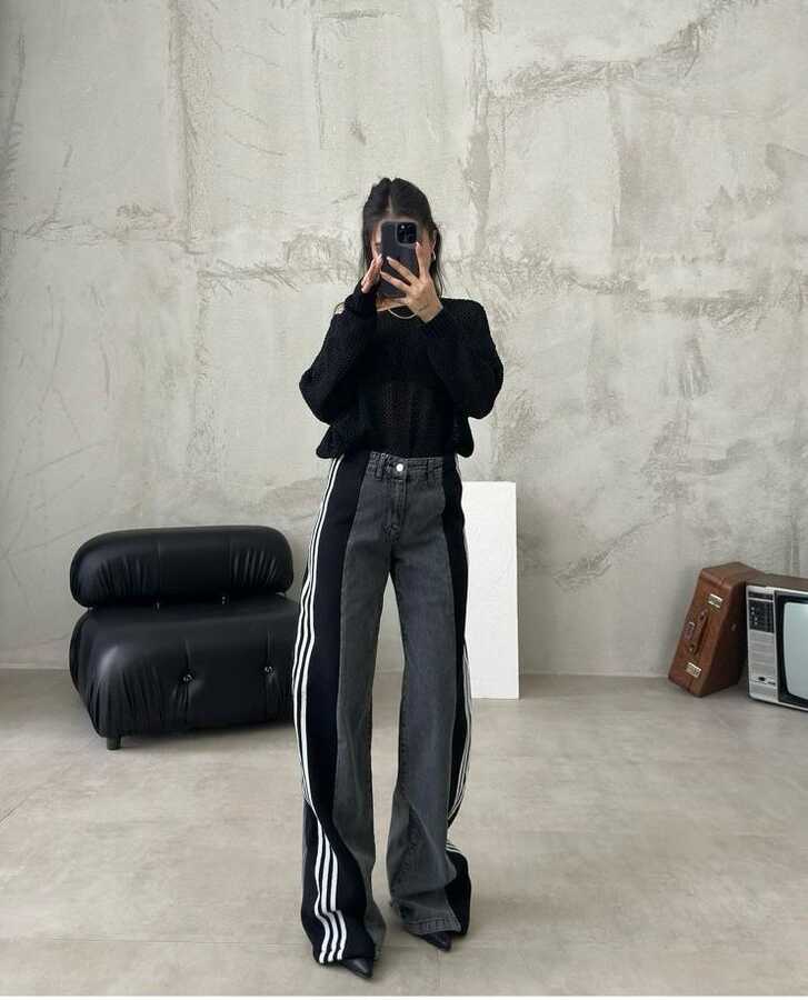 High Waisted Straight Pants Casual Pants Striped Patchwork Jeans Women