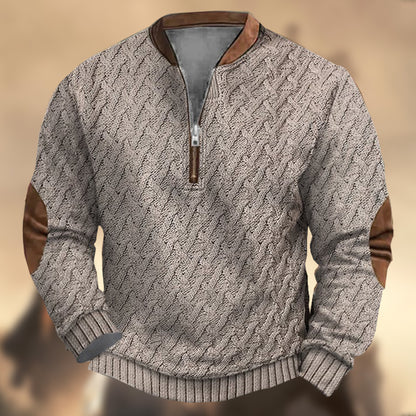 Men's Vintage Western Knitted Print Zipper Stand Collar Casual Sweatshirt