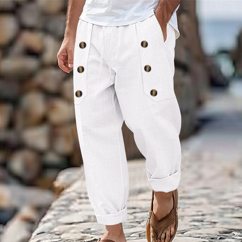 Men's Casual Hawaii Beach Multi Button Cotton Linen Trousers