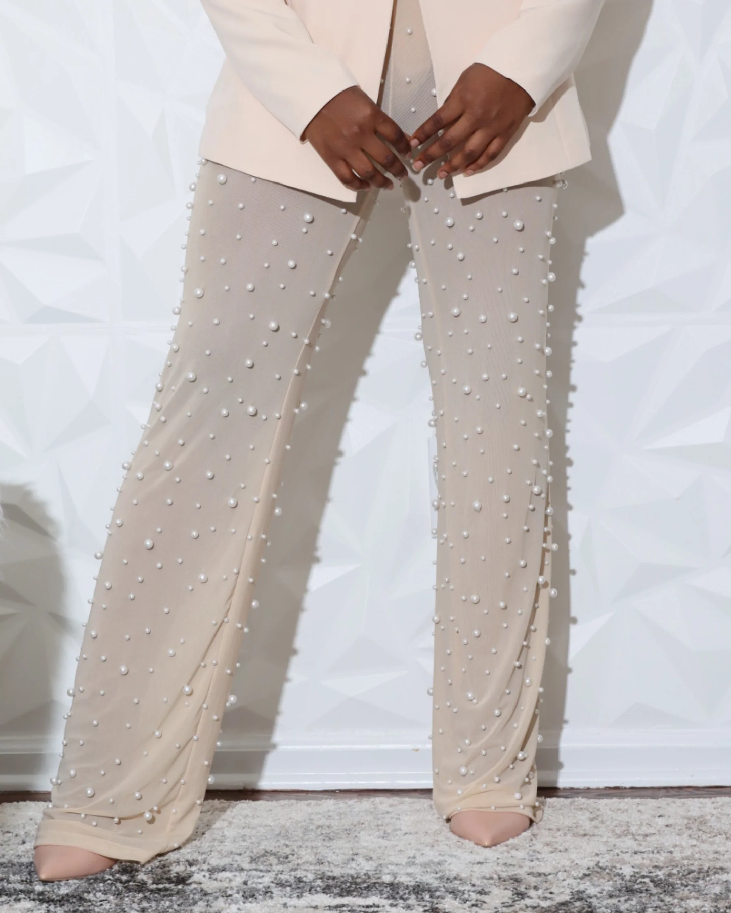 Mesh Beaded Wide-Leg Beaded Trousers