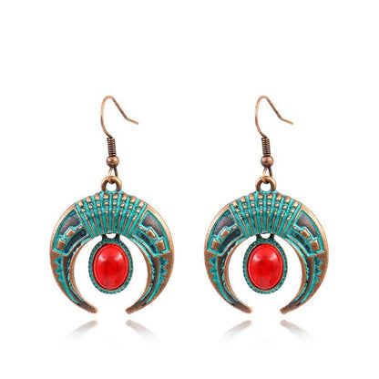 Female Bohemian Crescent Moon Inlaid Turquoise Earrings And Necklace Suit