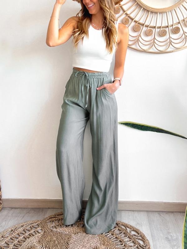 Women's Casual Stretch Drawstring Solid Color Wide Leg Pants