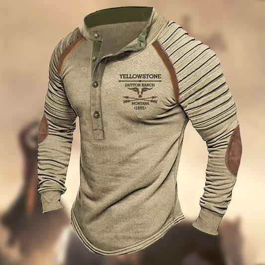 Men's Vintage Yellowstone Western Elbow Patch Henley Stand Collar Long Sleeve T-Shirt Sweatshirt