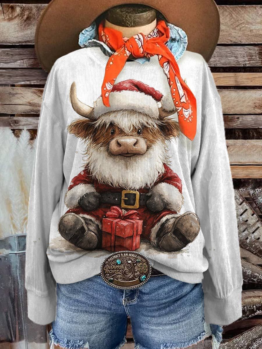 Women's Christmas Highland Cow Casual Print Corduroy Sweatshirt