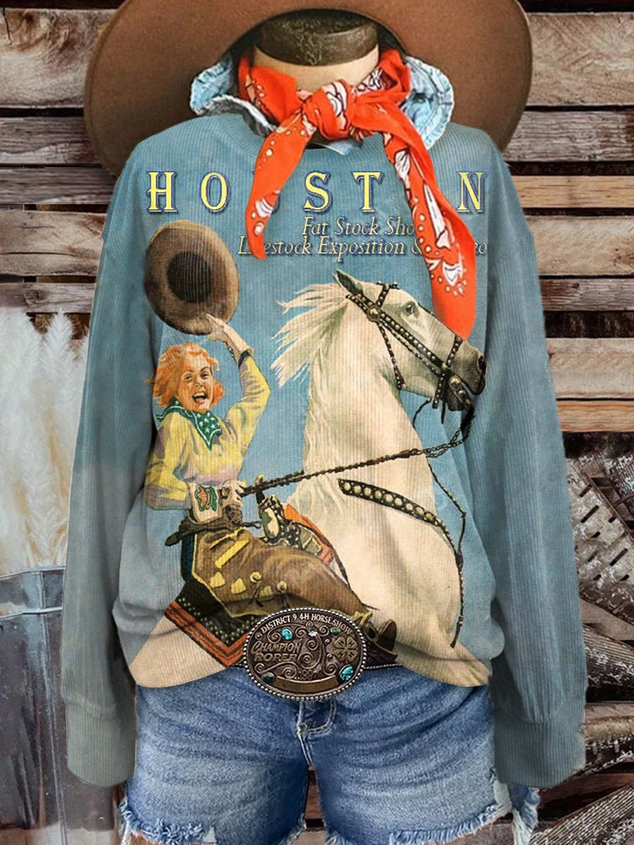 Women's Cowgirl Pin Up Houston Fat Stock Show & Rodeo Casual Print Corduroy Sweatshirt