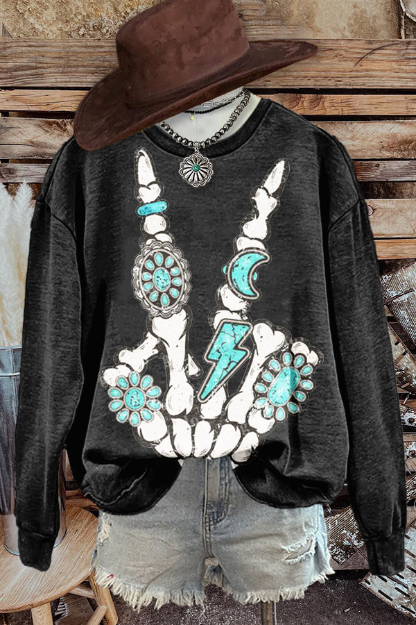 Retro Western Skull Print Sweatshirt