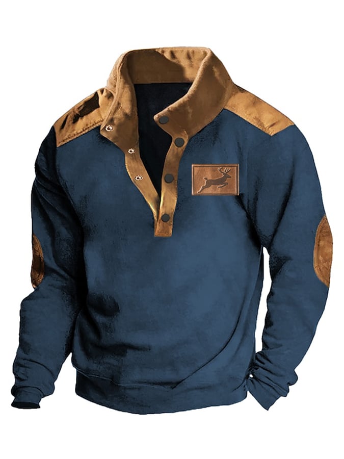 Men's Western Style Elk Print Deerskin Velvet Patchwork Stand-Collar Sweatshirt