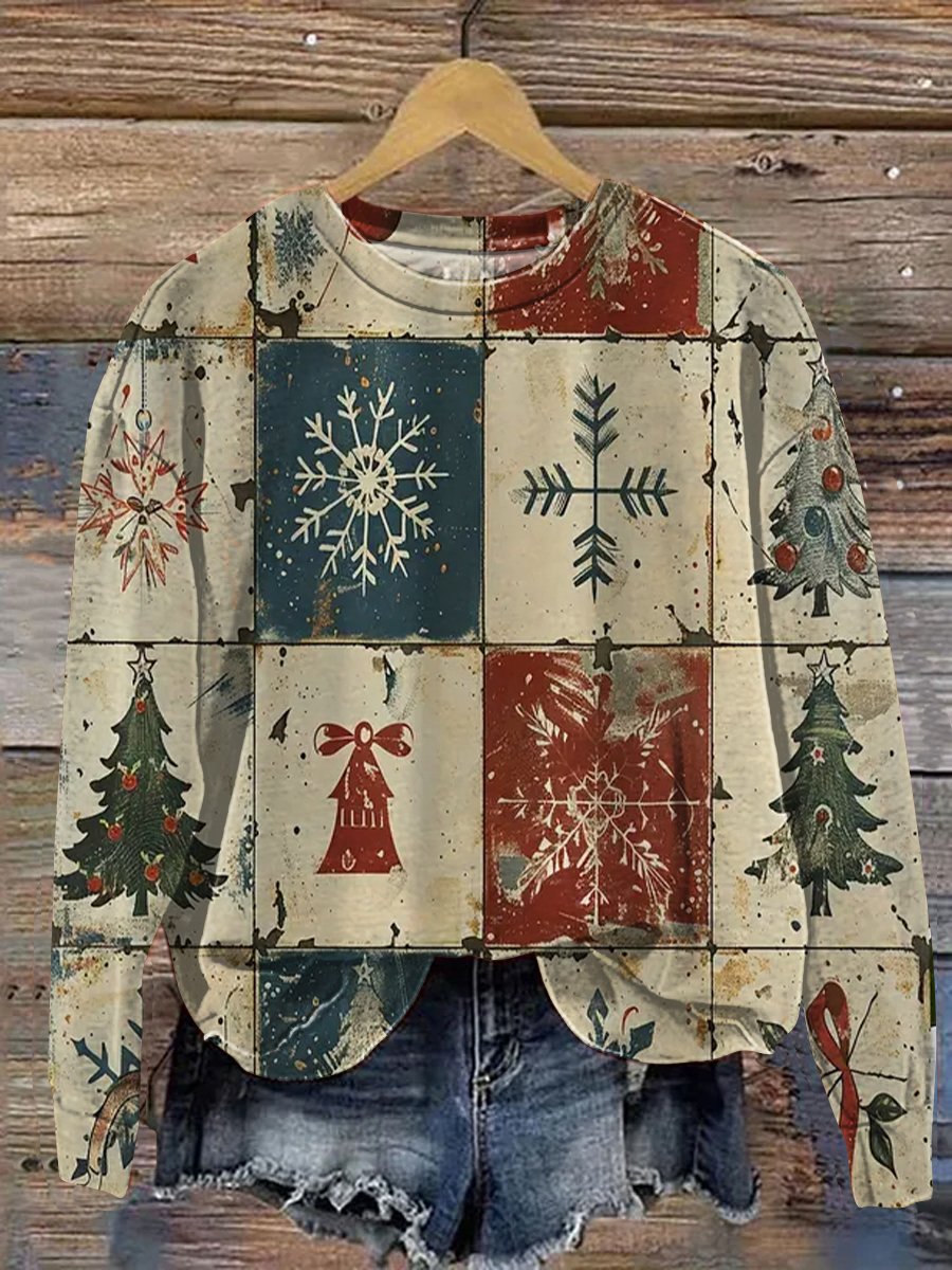 Vintage Christmas Patchwork Art Print Casual Sweatshirt