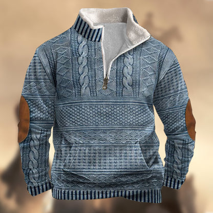 Men's Vintage Country Western Cashmere Knitt Print Zipper Stand Collar Casual Kangaroo Pocket Sweatshirt