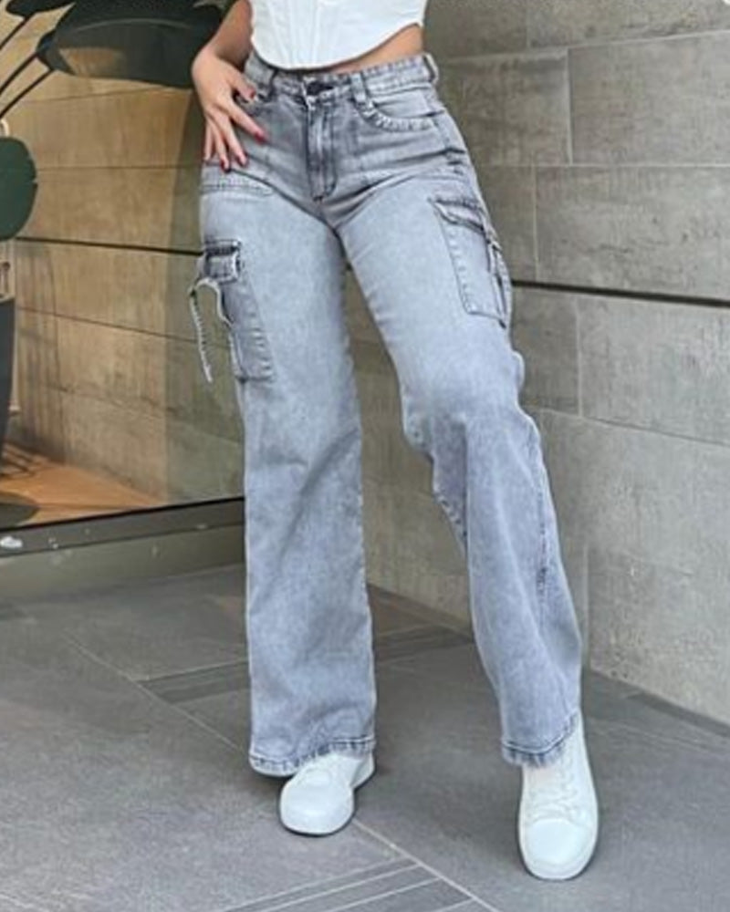 Women's High Waist Cargo Jeans Flap Pocket Wide Leg Denim Pants