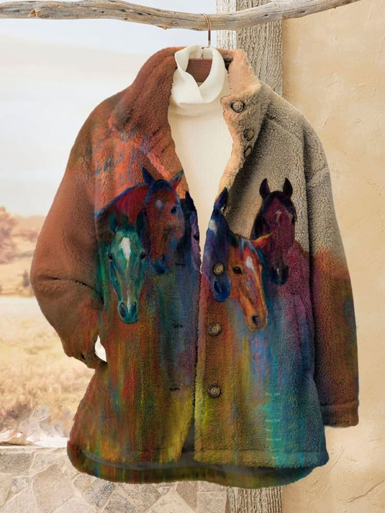 Retro Gradient Horse Art Print Casual Denim Jacket