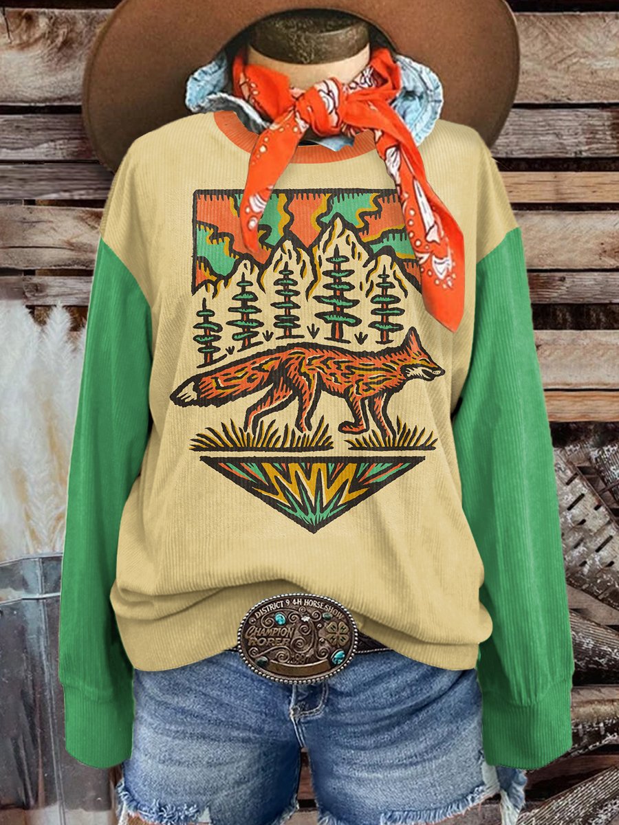 Women's Fashion Wild West Fox Art Print Casual Print Corduroy Sweatshirt