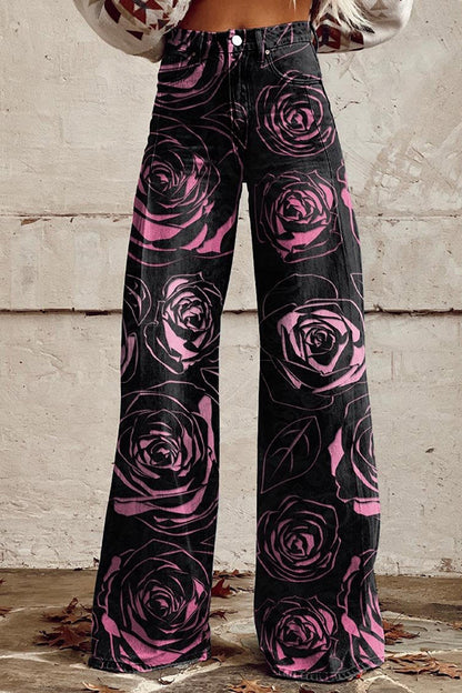 Roses Print Casual Wide Leg Pants