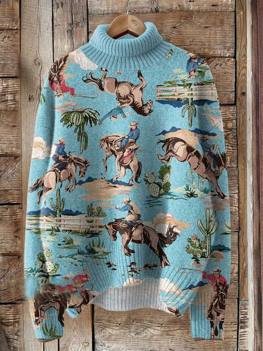 Blue Western Print Knit Turtleneck Pullover Sweater