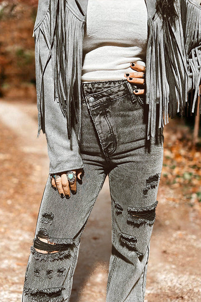 Vintage Washed Ripped Wide Leg Jeans