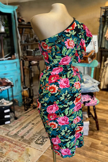 Beautiful Wrapped Floral One Sleeve Multicolor Dress