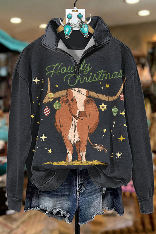 Howdy Christmas Cow Zipper Sweatshirt