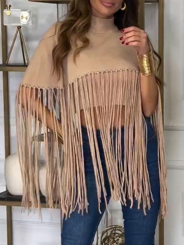 Women's High Collar Fringe Cape