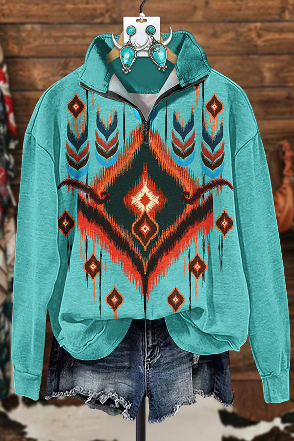 Western Turquoise Feather Aztec Zipper Sweatshirt