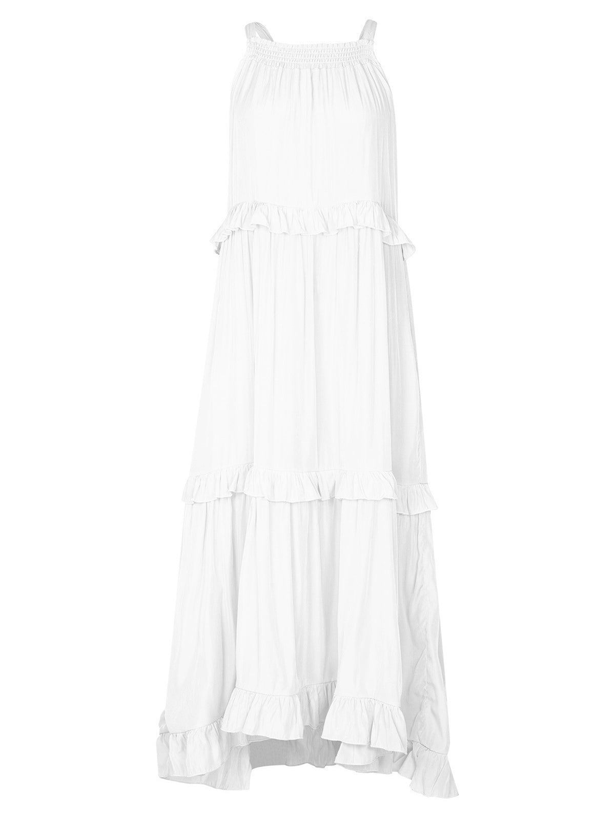 Casual Plain Ruffle Trim Smocking Sleeveless Maxi Dress