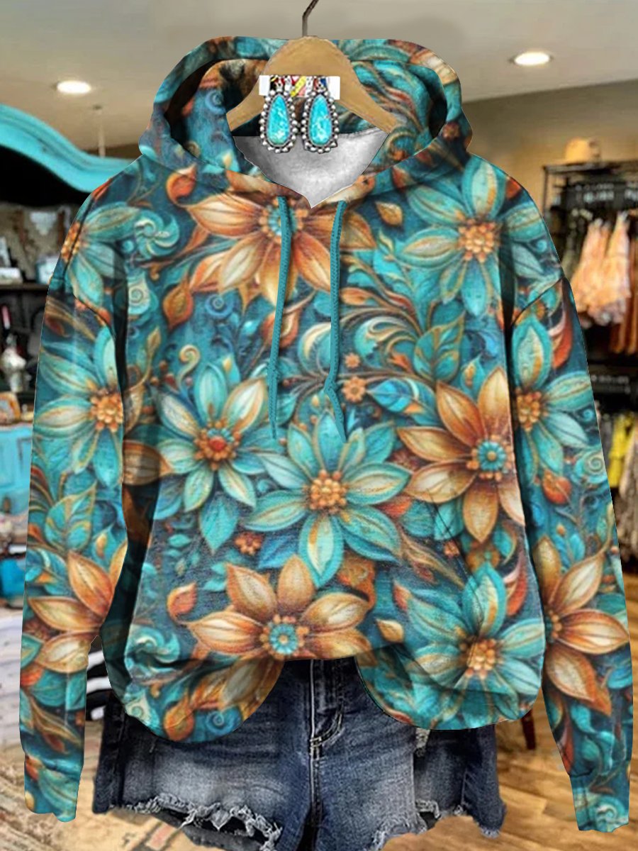 Retro Cyan Flowers Art Print Casual Hoodie Sweatshirt