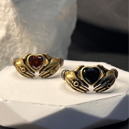 Women's Retro Hands Hug Red Zircon Love Adjustable Ring