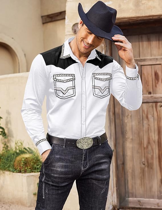 Men's Western Long Sleeve Cowboy Shirt-Grey