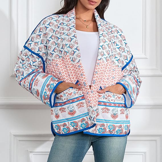 Lapel Printed Patchwork Quilted Thin Jacket