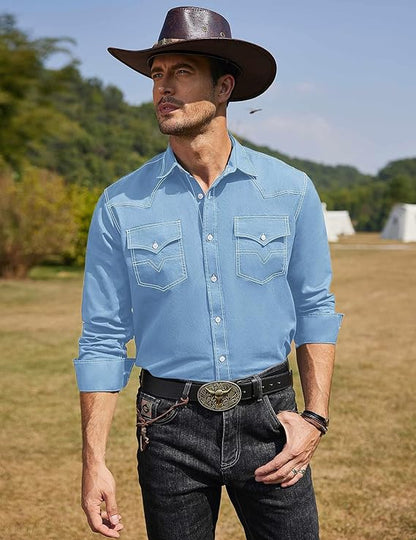 Men's Western Cowboy Shirts Long Sleeve Cotton Casual Shirt