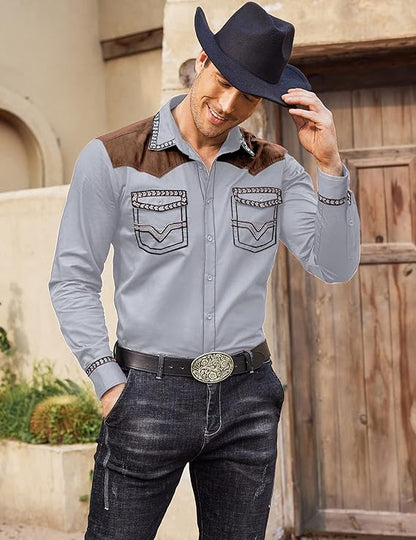 Men's Western Long Sleeve Cowboy Shirt-Grey