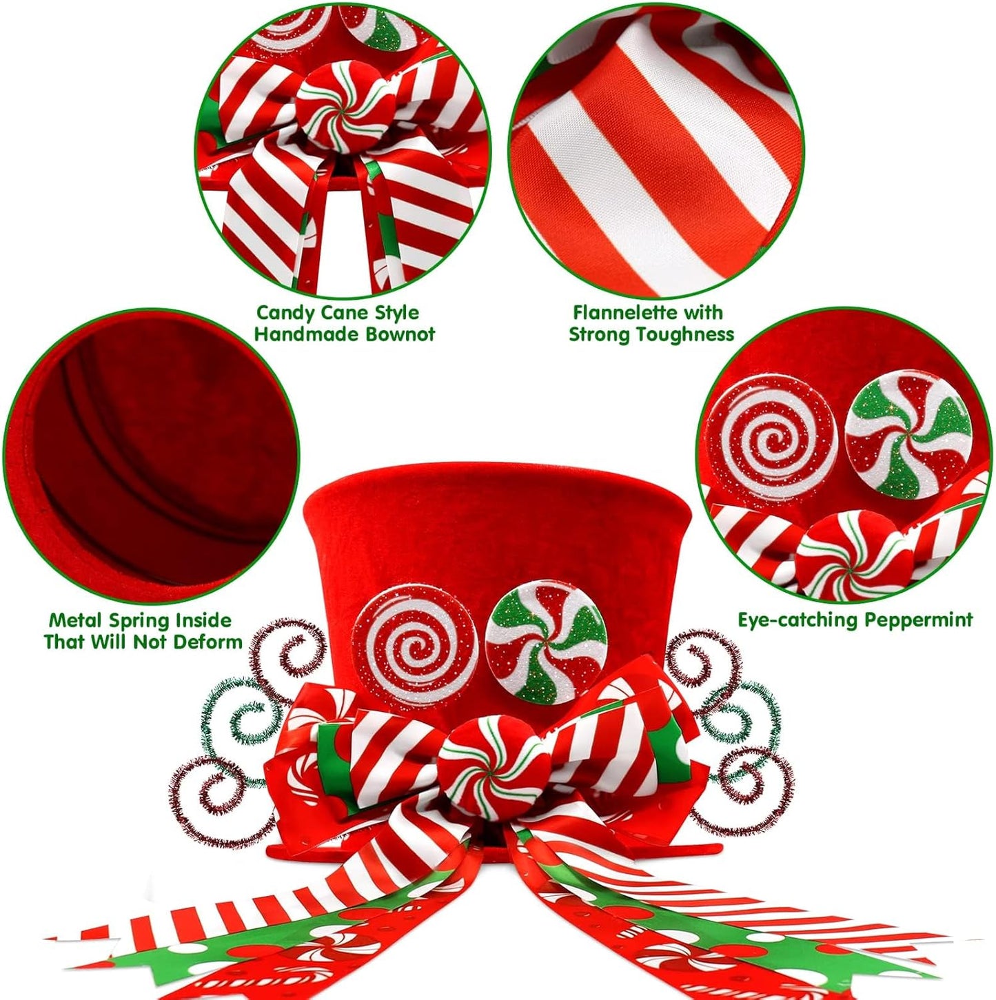 Christmas Candy Canes Tree Topper Red Hat with Peppermint Bows Ornament Winter Lollipop Holiday Home Decoration Xmas Festive Gift Ideas Supplies