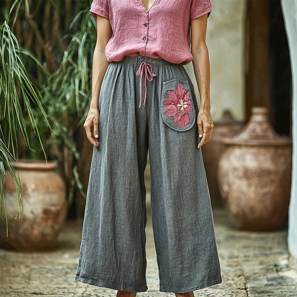 Women's Linen Ethnic Bohemian Floral Casual Simple Wide-leg Trousers