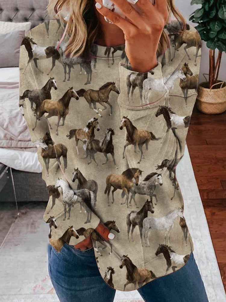 Western Wild Horses Pattern Cozy Sweatshirt