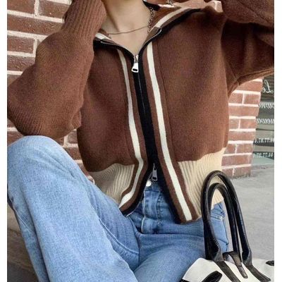 Women's Cardigan Sweater With Contrasting Colors Knitted Hooded Double Zipper Coat