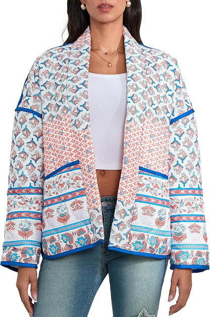 Lapel Printed Patchwork Quilted Thin Jacket